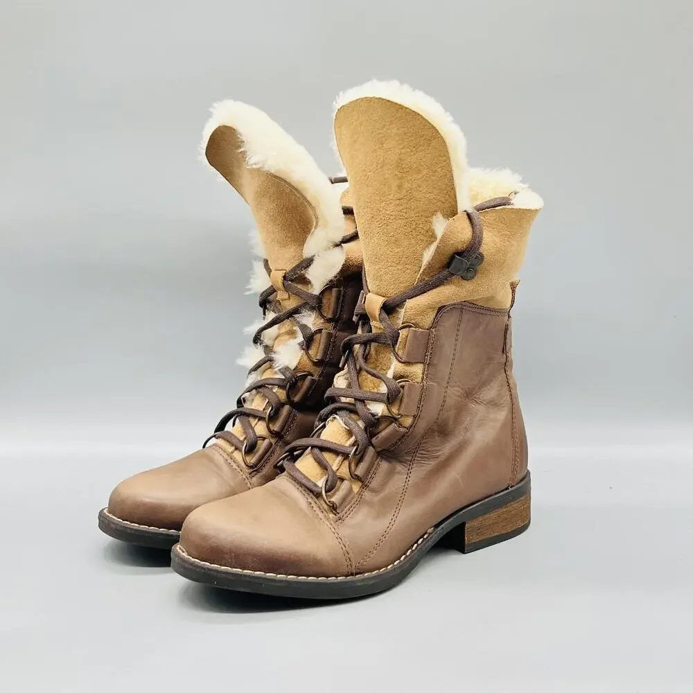 Luxe De León Boots Womens 6.5 Brown Leather Shearling Lace Up Mid Calf Shoes